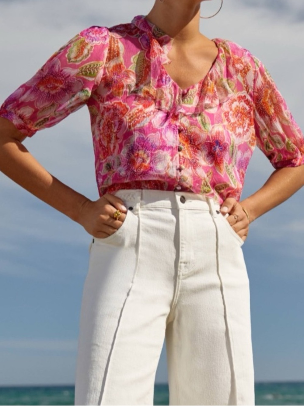 NEW Johnny Was Jade Marcia Ruffle Floral Blouse Sheer 100% Silk M ( No Cami )